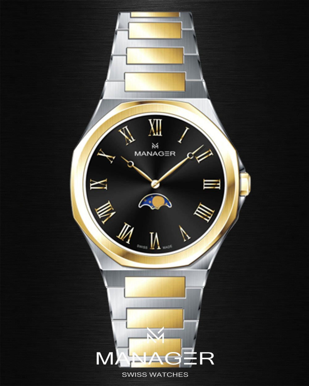Manager Urban - Moon 42 42 mm - Steel, Gold & Black - Roman Numerals