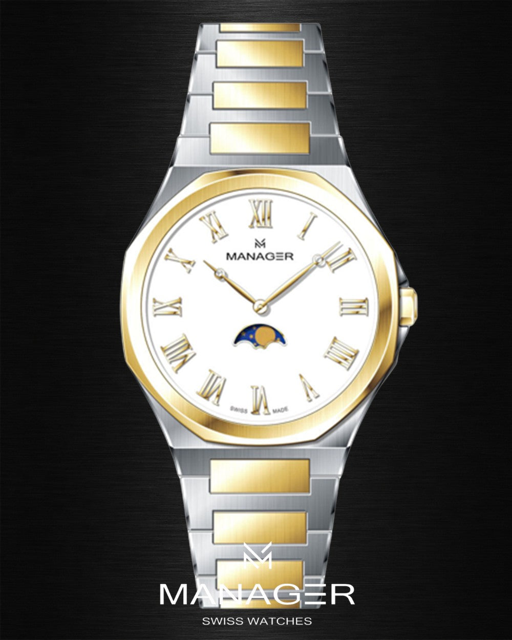 Manager Urban - Moon 42 42 mm - Steel, Gold & White - Roman Numerals