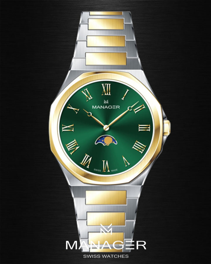 Manager Urban - Moon 42 42 mm - Steel, Gold & Dark Green - Roman Numerals