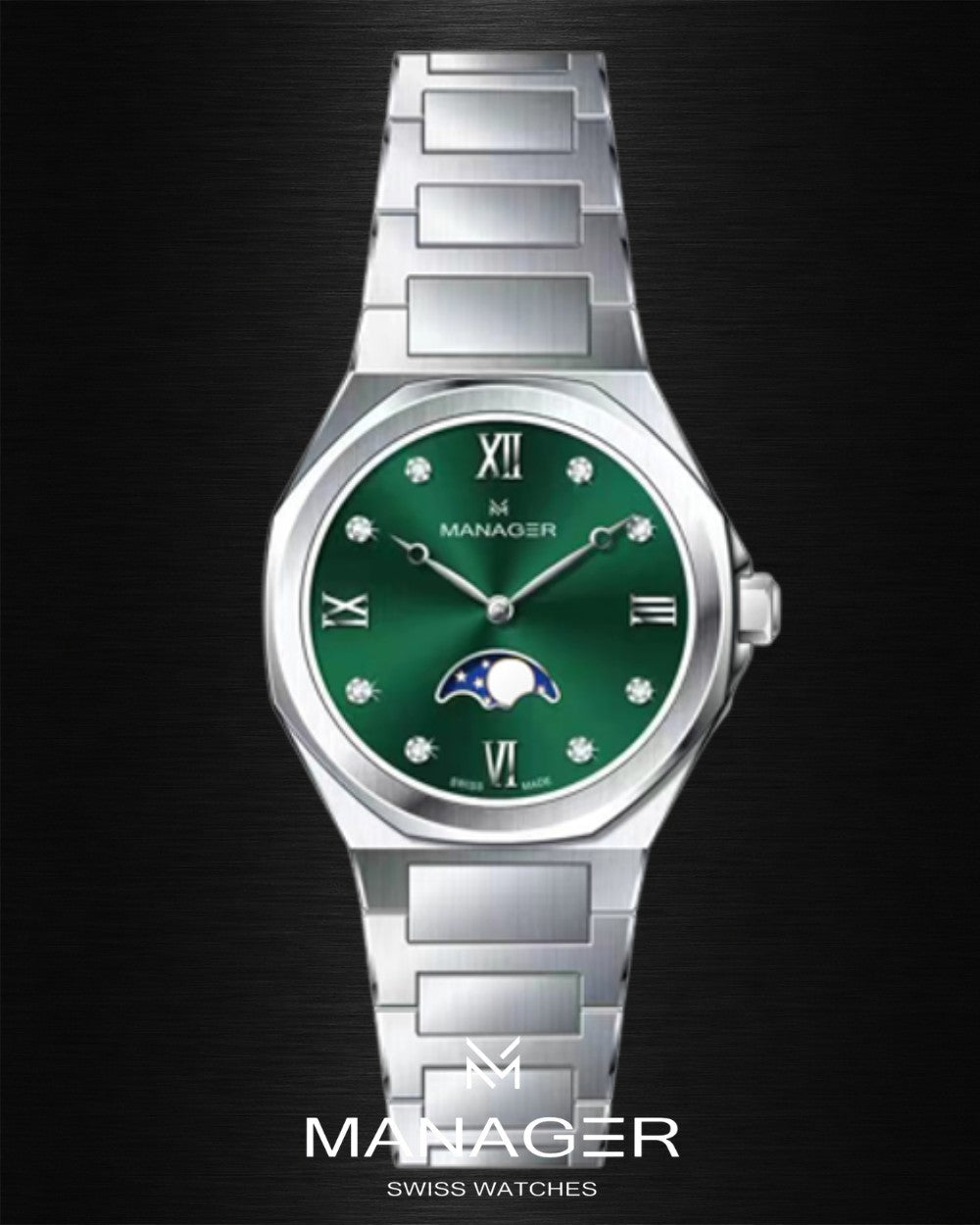 Manager Urban - Moon 31 31 mm - Steel & Dark Green -
Roman Numerals