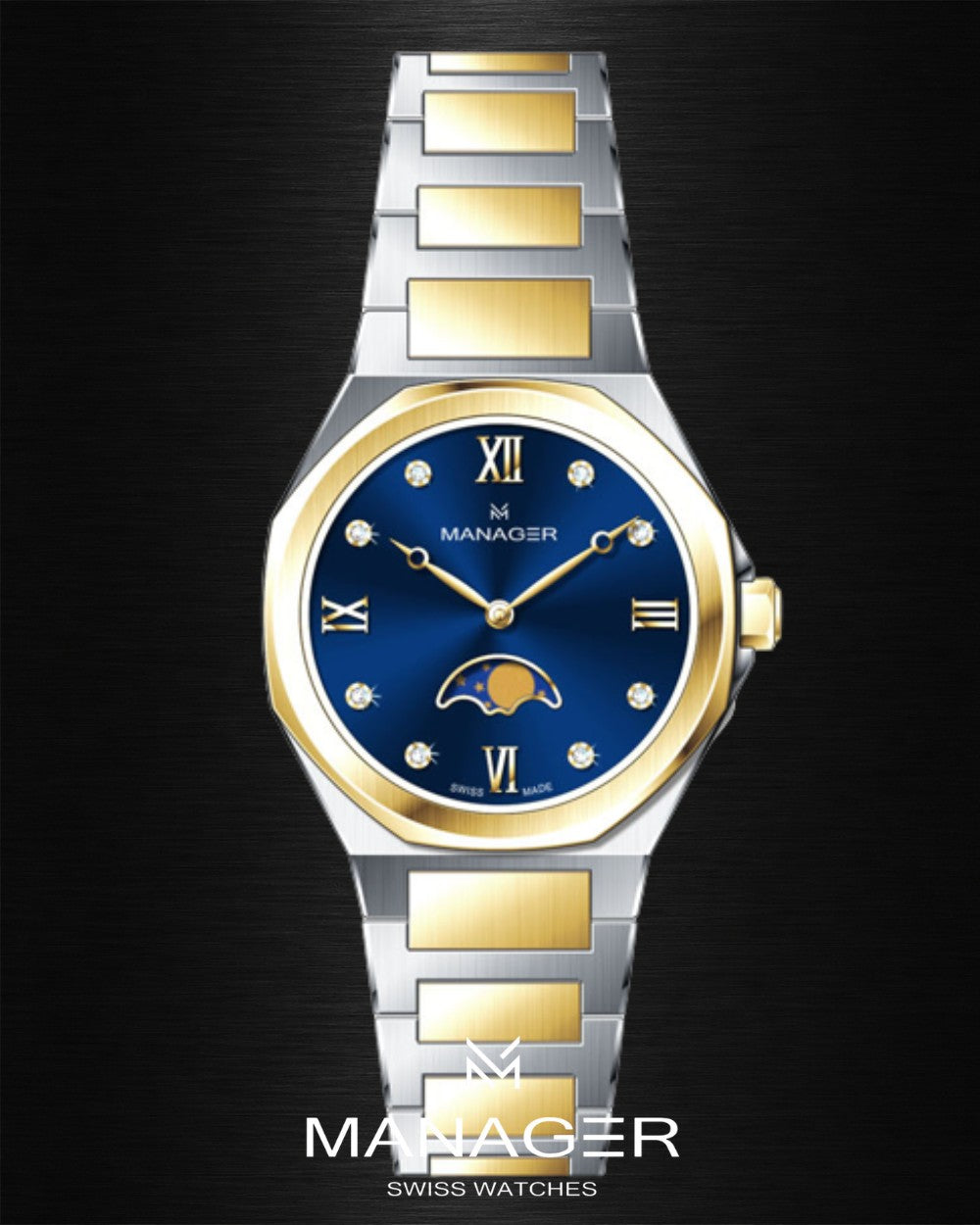 Manager Urban - Moon 31 31 mm - Steel, Gold& Dark Blue -
Roman Numerals