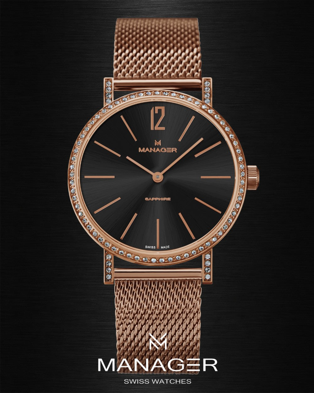 Manager Sparkle 36 mm - Rose Gold & Black - Stainless Steel & Milanese Mesh