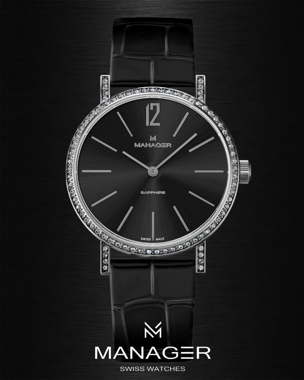 Manager Sparkle 36 mm - Steel & Black - Stainless Steel & Leather
