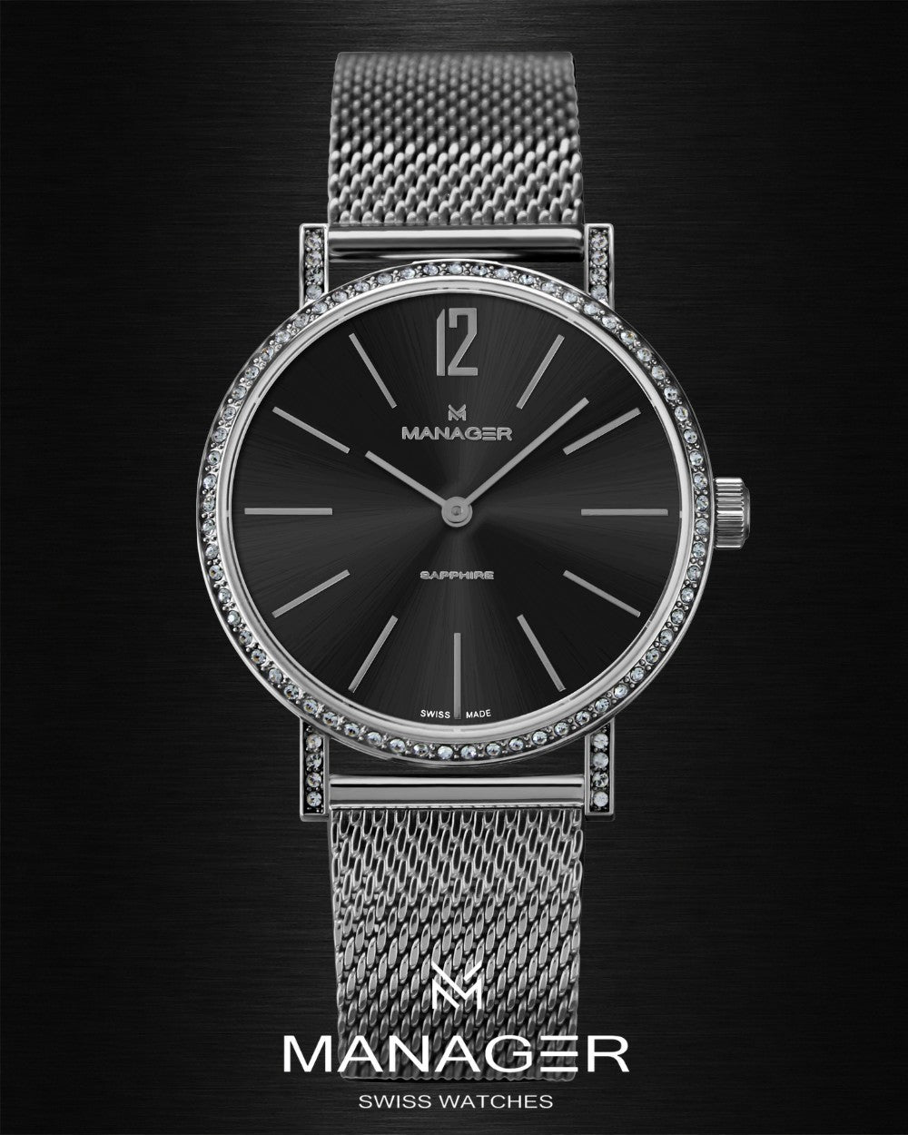 Manager Sparkle 36 mm - Steel & Black - Stainless Steel & Milanese Mesh