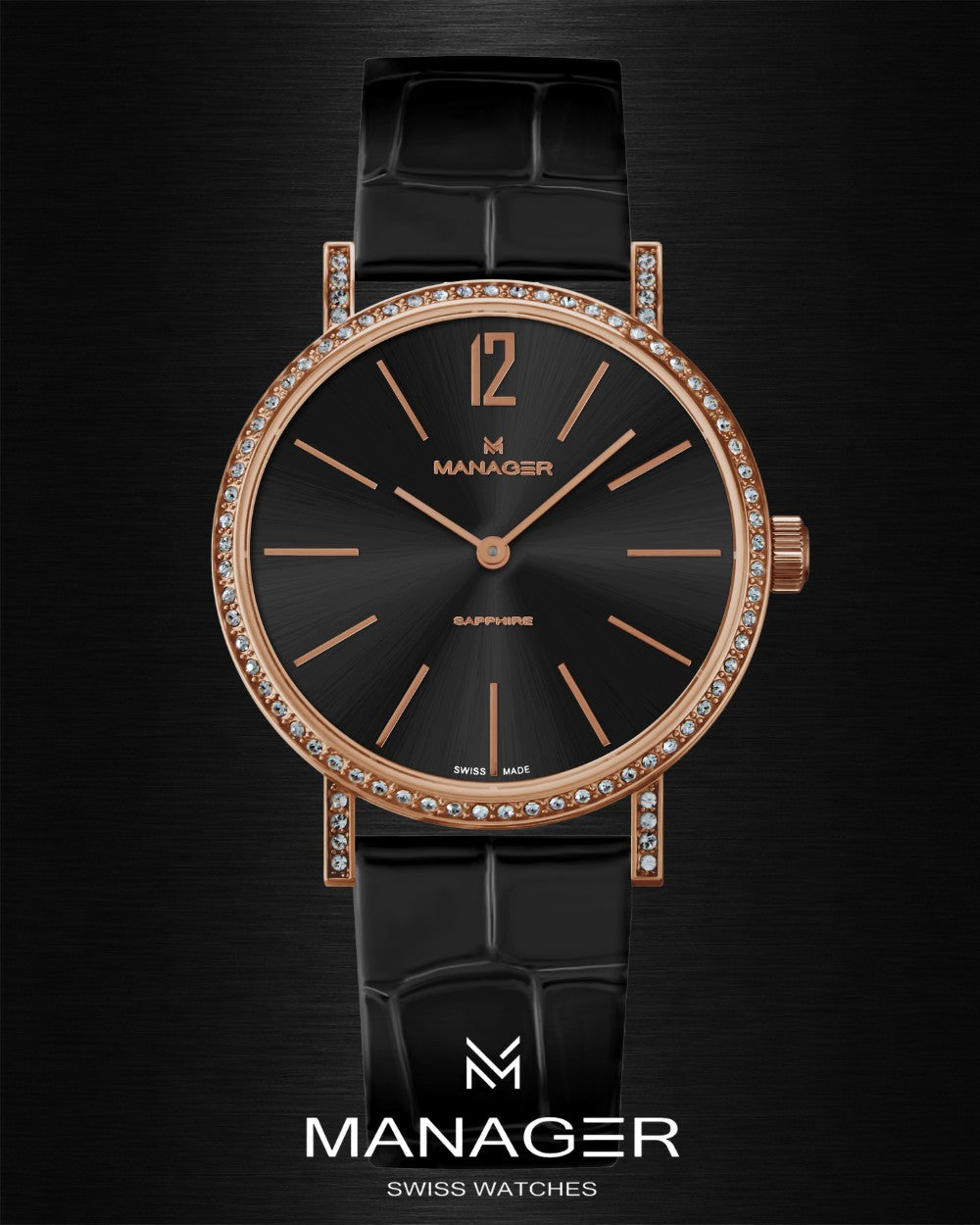 Manager Sparkle 30 mm - Rose Gold & Black - Stainless Steel & Leather