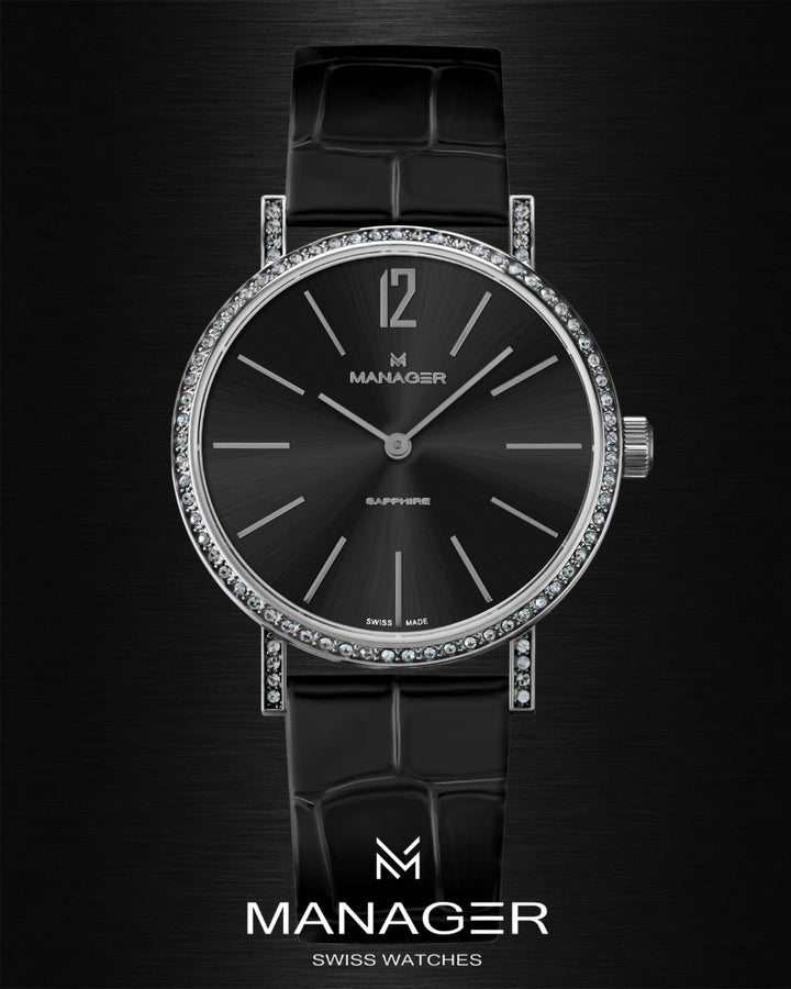 Manager Sparkle 30 mm - Steel & Black - Stainless Steel & Leather