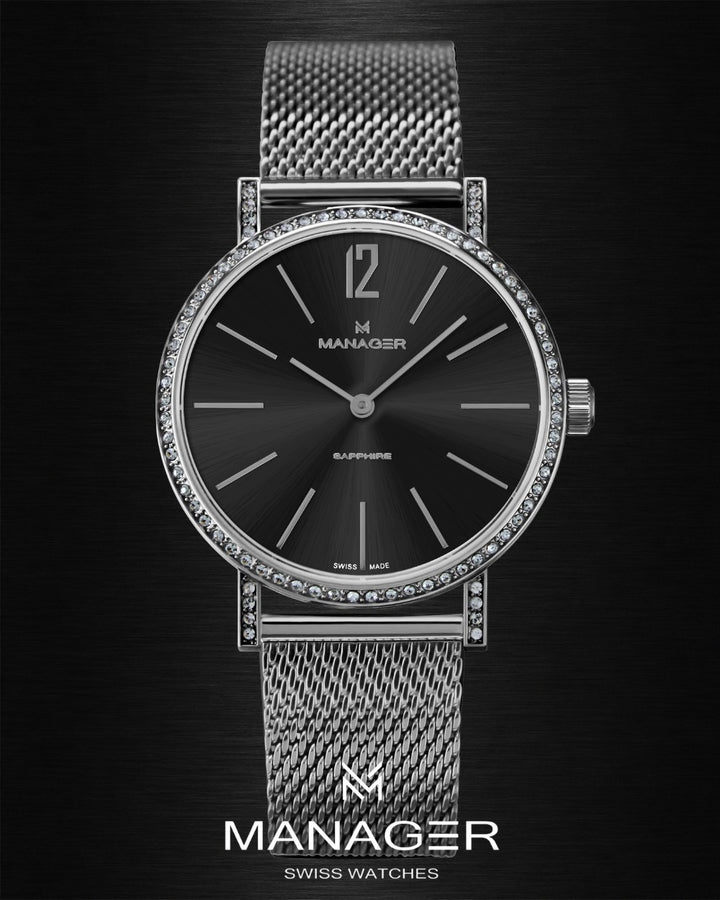 Manager Sparkle 30 mm - Steel & Black - Stainless Steel & Milanese Mesh