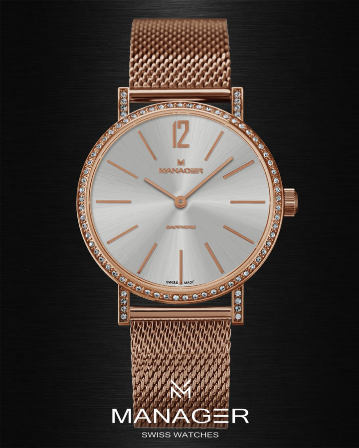 Manager Sparkle 36 mm - Rose Gold & White - Stainless Steel & Milanese Mesh