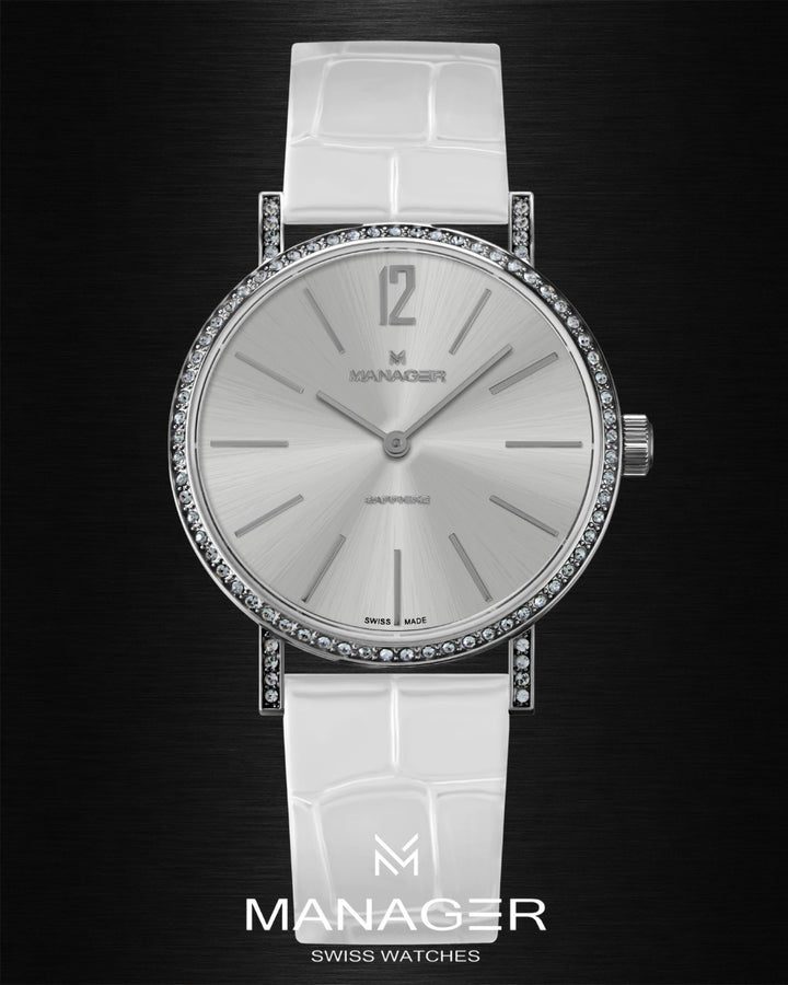 Manager Sparkle 36 mm - Steel & White - Stainless Steel & Leather