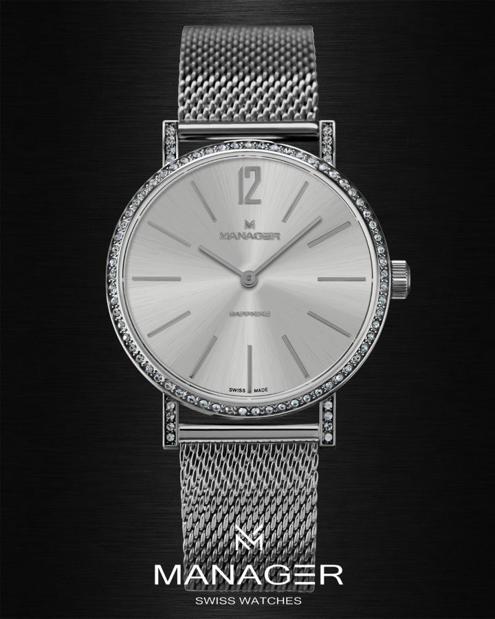 Manager Sparkle 36 mm - Steel & White - Stainless Steel & Milanese Mesh