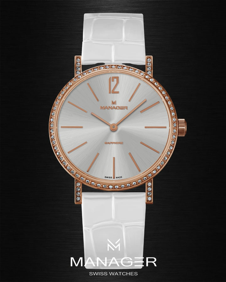 Manager Sparkle 30 mm - Rose Gold & White - Stainless Steel & Leather
