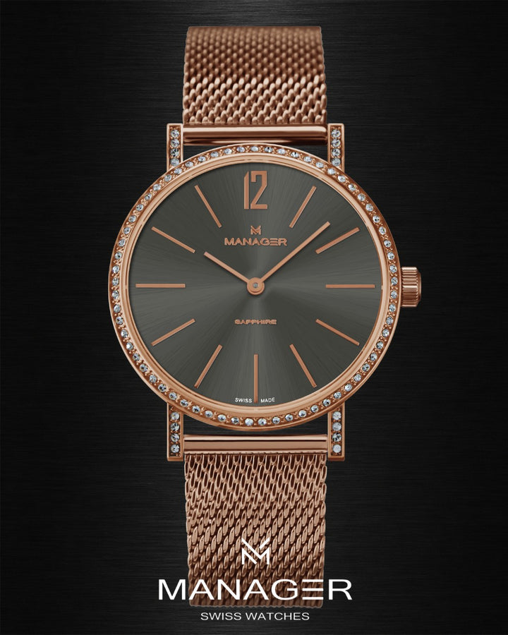 Manager Sparkle 30 mm - Rose Gold & Olive Grey - Stainless Steel & Milanese Mesh