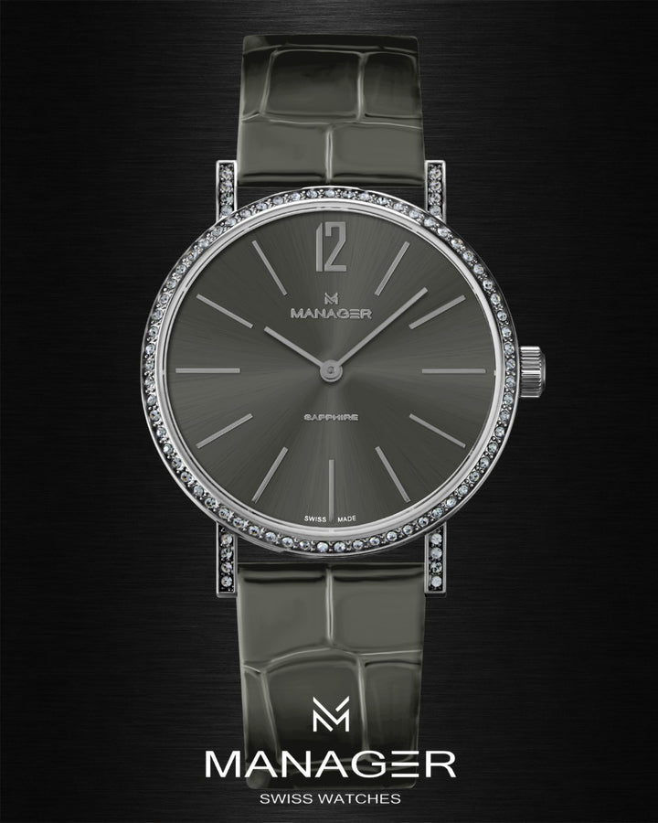 Manager Sparkle 30 mm - Steel & Grey - Stainless Steel & Leather