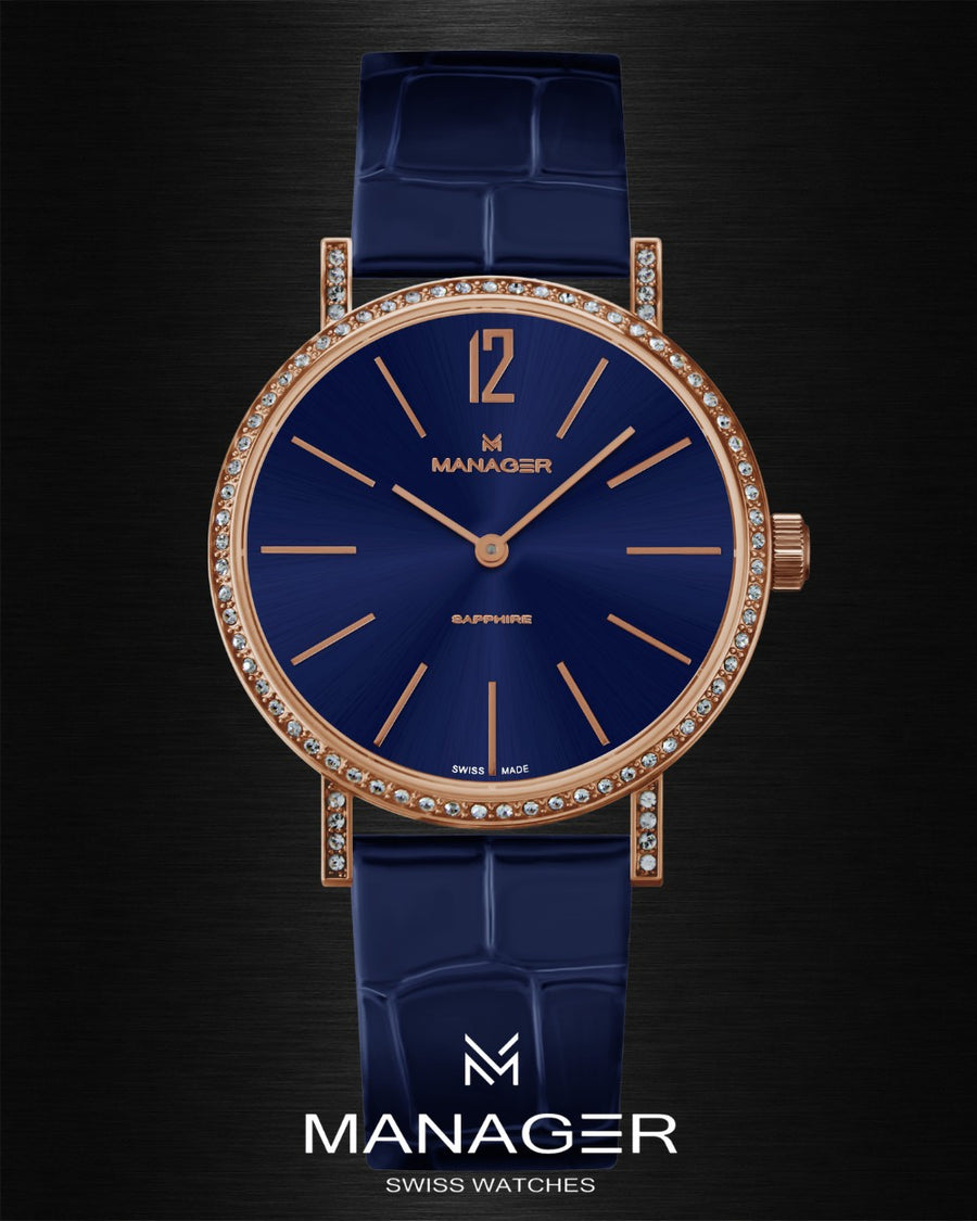 Manager Sparkle 30 mm - Rose Gold & Dark Blue - Stainless Steel & Leather