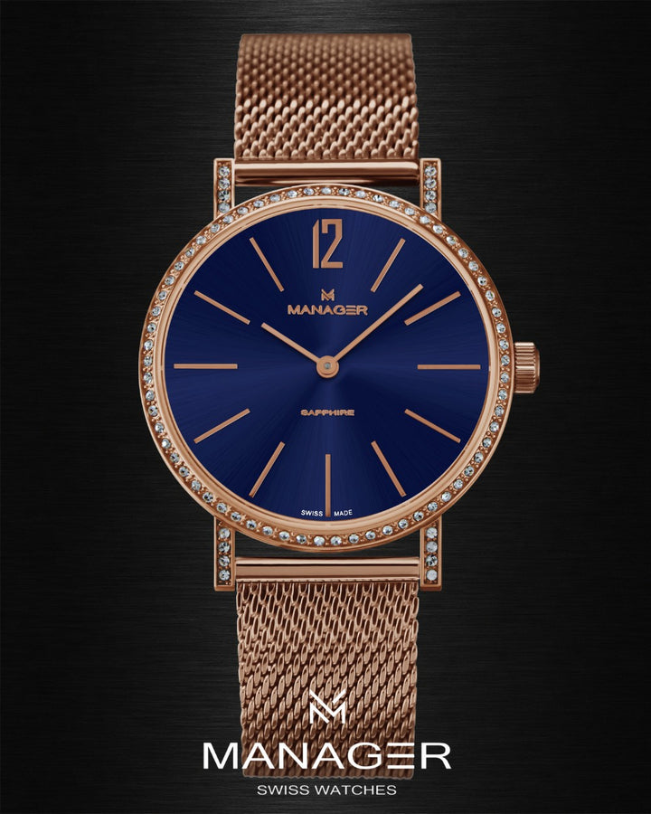 Manager Sparkle 36 mm - Rose Gold & Dark Blue - Stainless Steel & Milanese Mesh
