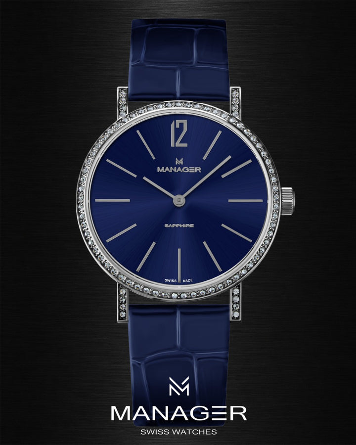 Manager Sparkle 30 mm - Steel & Dark Blue - Stainless Steel & Leather