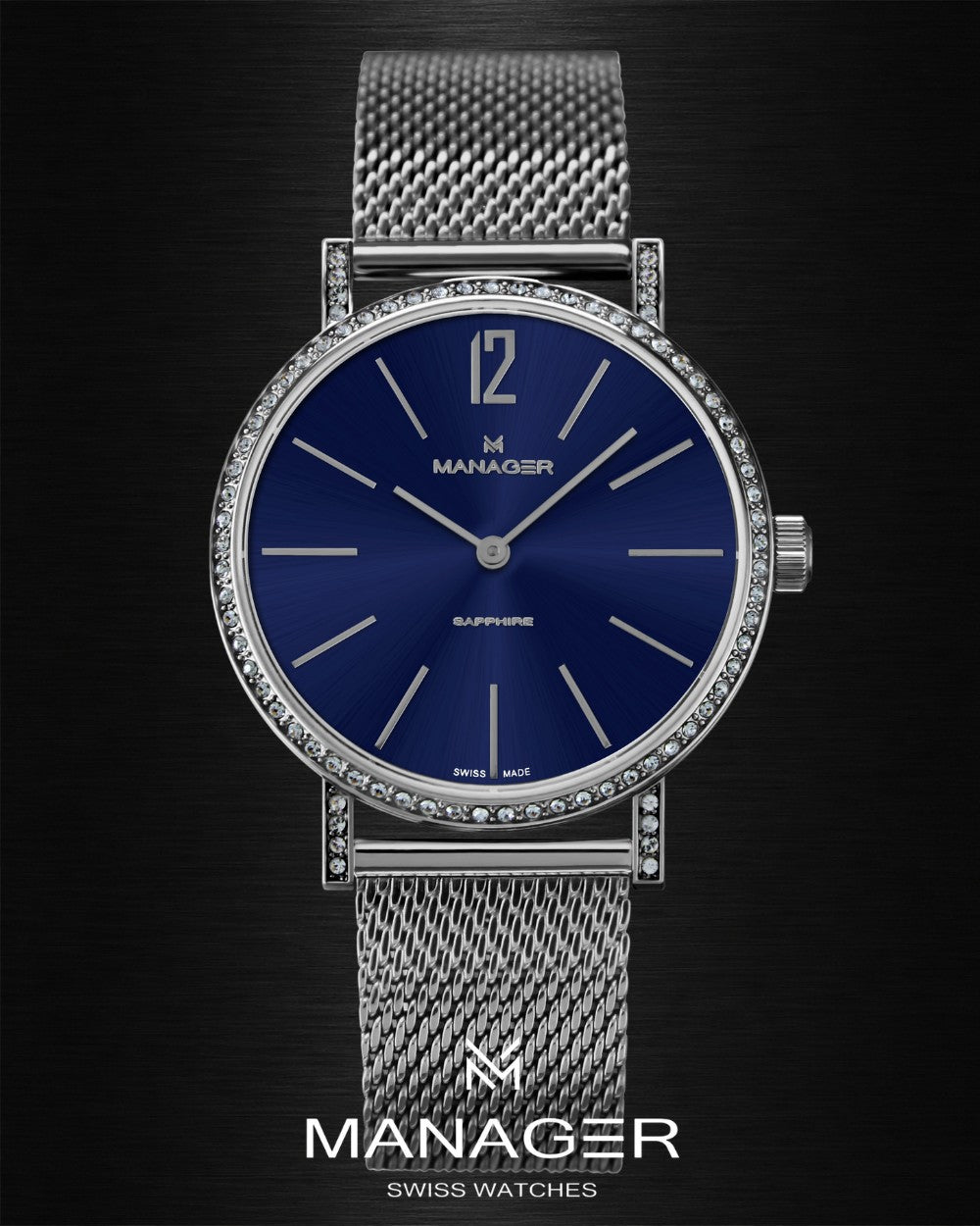 Manager Sparkle 30 mm - Steel & Dark Blue - Stainless Steel & Milanese Mesh