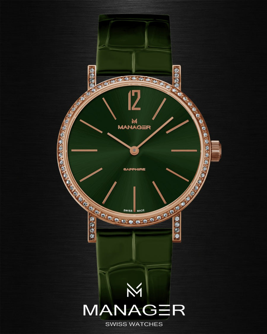 Manager Sparkle 30 mm - Rose Gold & Dark Green - Stainless Steel & Leather