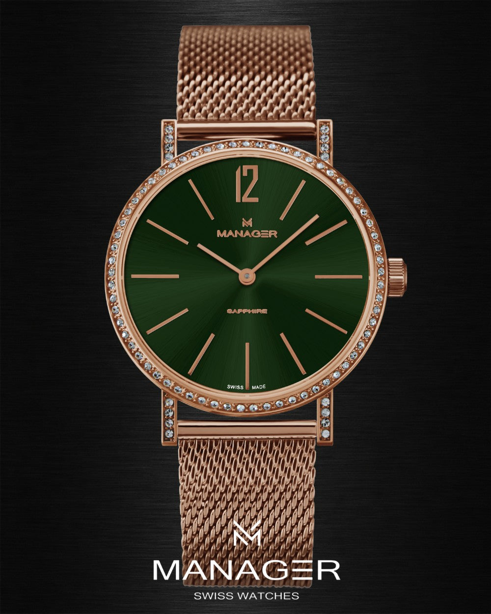 Manager Sparkle 30 mm - Rose Gold & Dark Green - Stainless Steel & Milanese Mesh