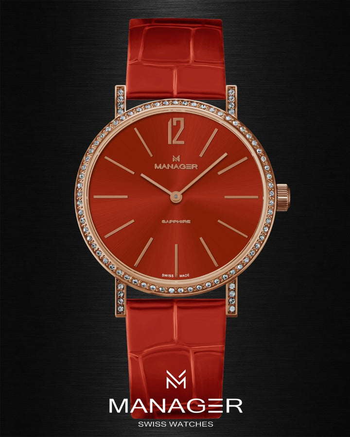Manager Sparkle 36 mm - Rose Gold & Red - Stainless Steel & Leather