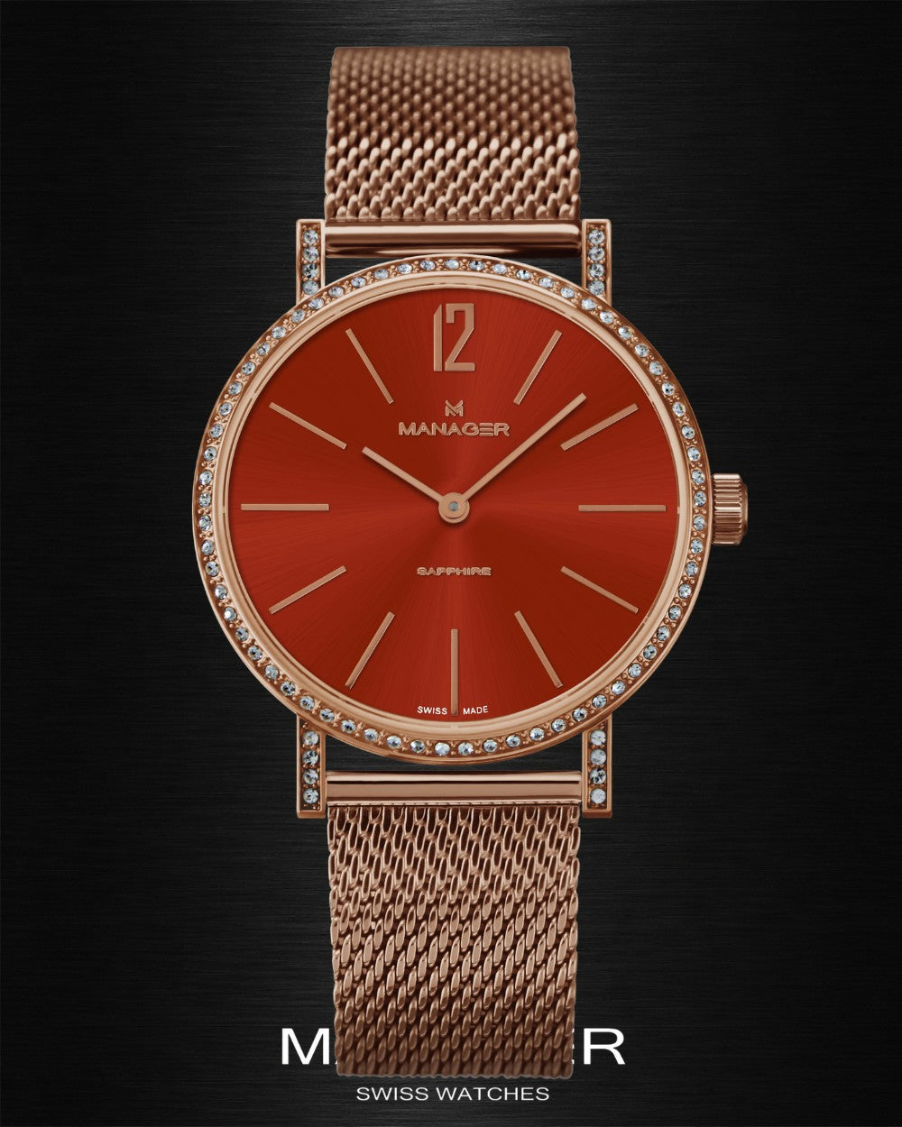 Manager Sparkle 36 mm - Rose Gold & Red - Stainless Steel & Milanese Mesh