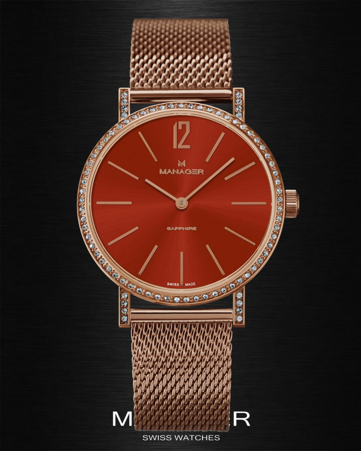 Manager Sparkle 36 mm - Rose Gold & Red - Stainless Steel & Milanese Mesh
