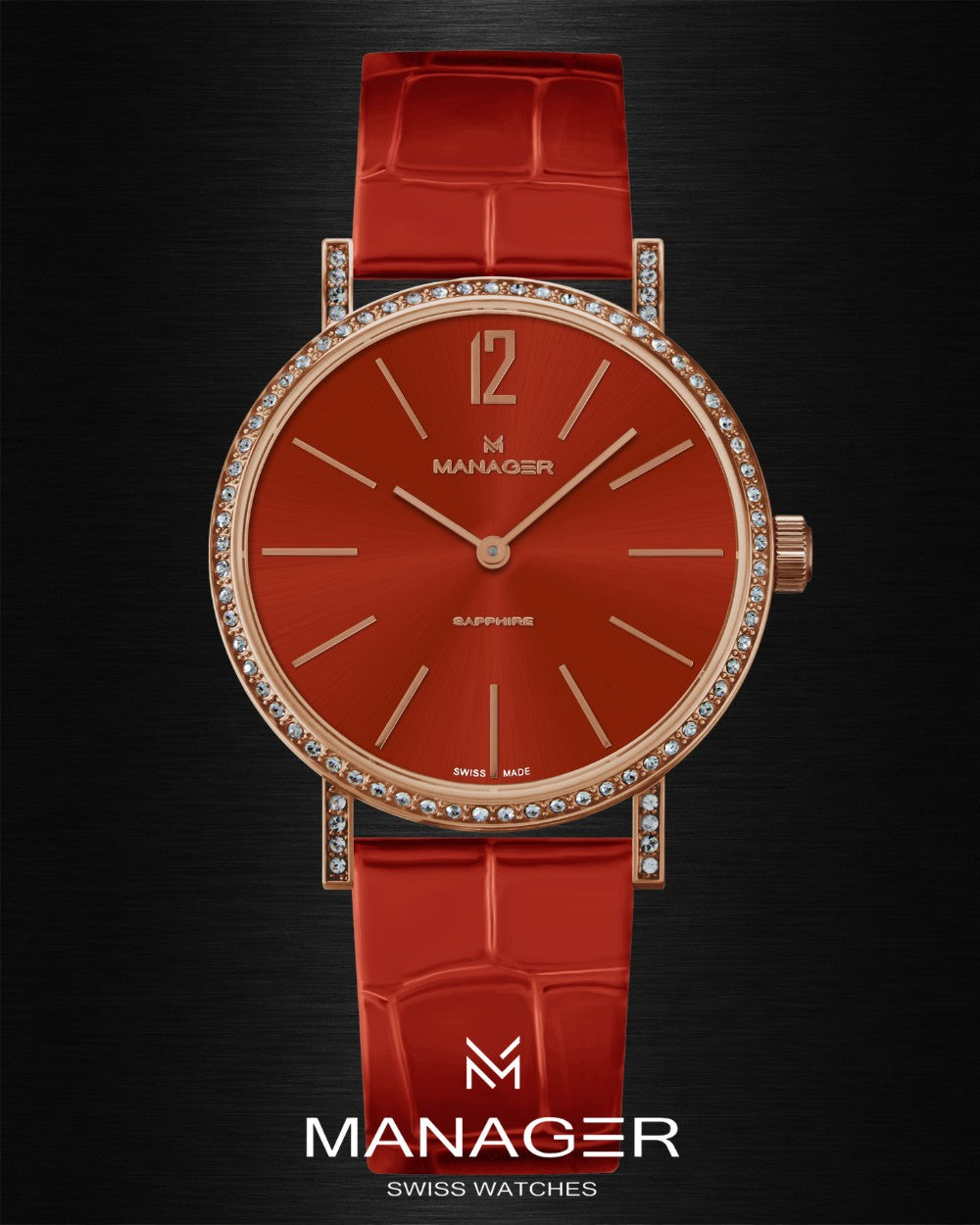 Manager Sparkle 30 mm - Rose Gold & Red - Stainless Steel & Leather