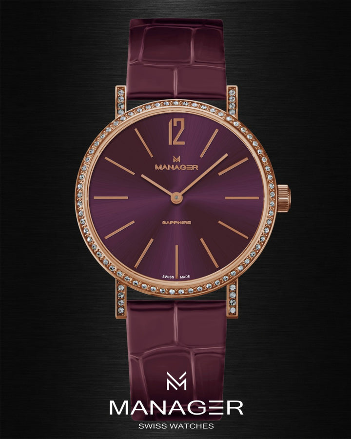 Manager Sparkle 36 mm - Rose Gold & Deep Plum - Stainless Steel & Leather