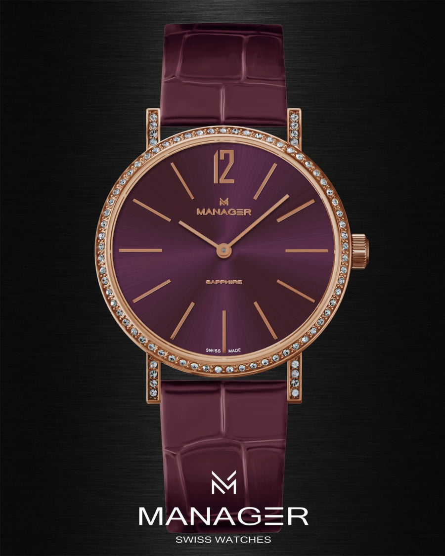 Manager Sparkle 30 mm - Rose Gold & Deep Plum - Stainless Steel & Leather