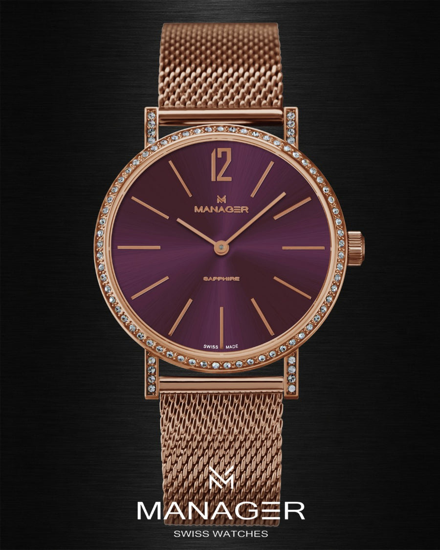 Manager Sparkle 30 mm - Rose Gold & Deep Plum - Stainless Steel & Milanese Mesh