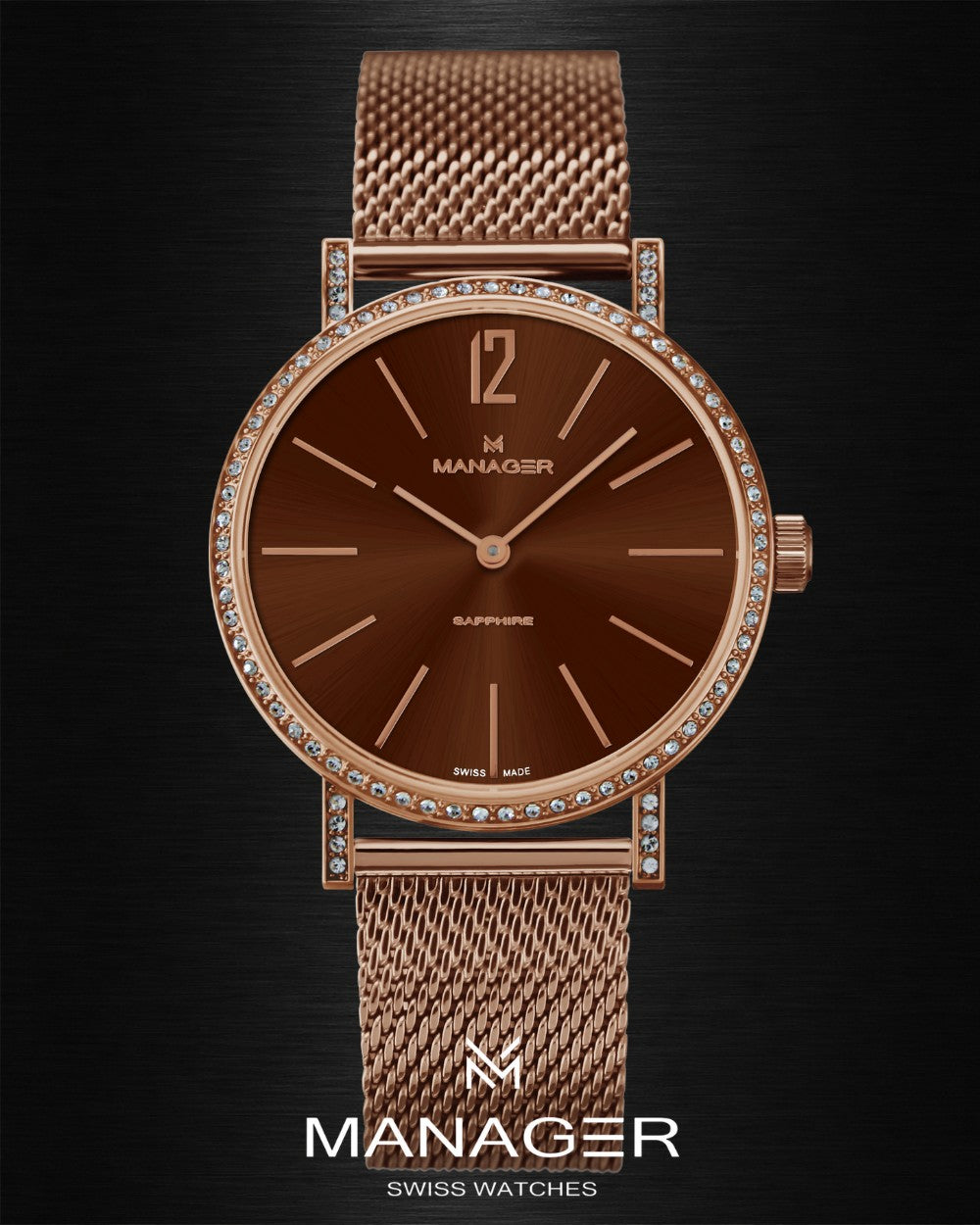 Manager Sparkle 30 mm - Rose Gold & Black - Stainless Steel & Milanese Mesh