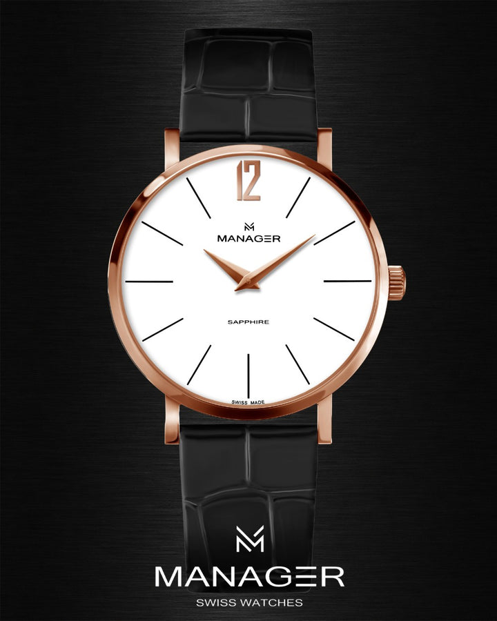 Manager Classic 40 mm - Black, Rose Gold & White - Stainless Steel & Leather