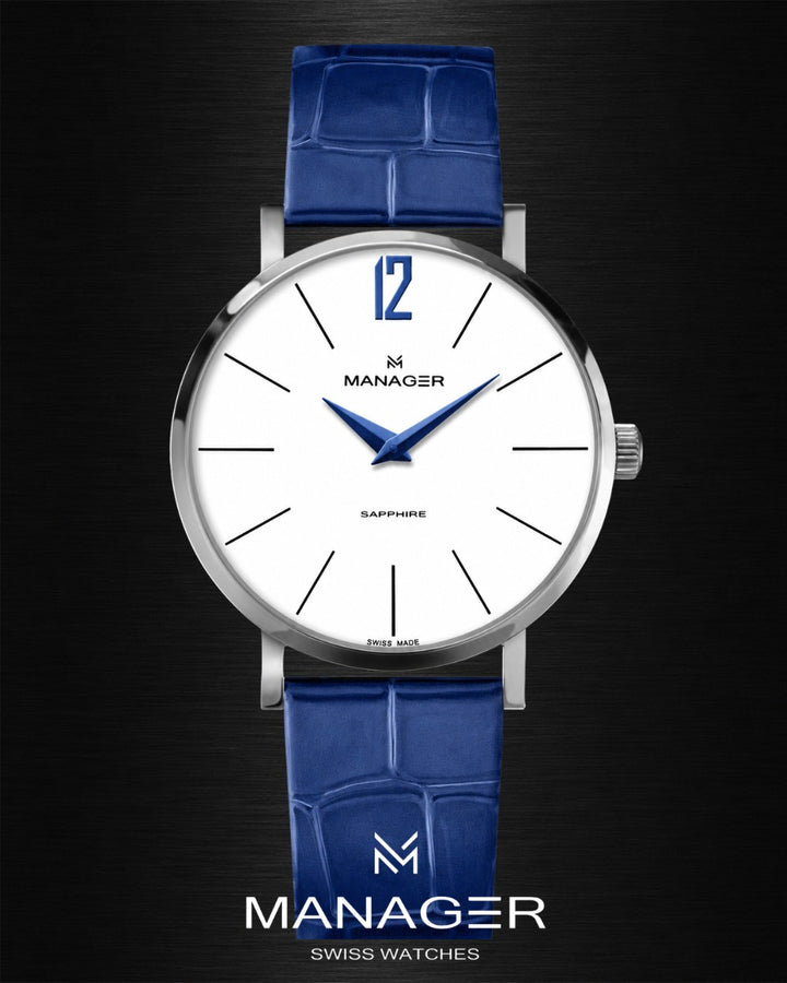 Manager Classic 40 mm - Steel, White & Blue - Stainless Steel & Leather