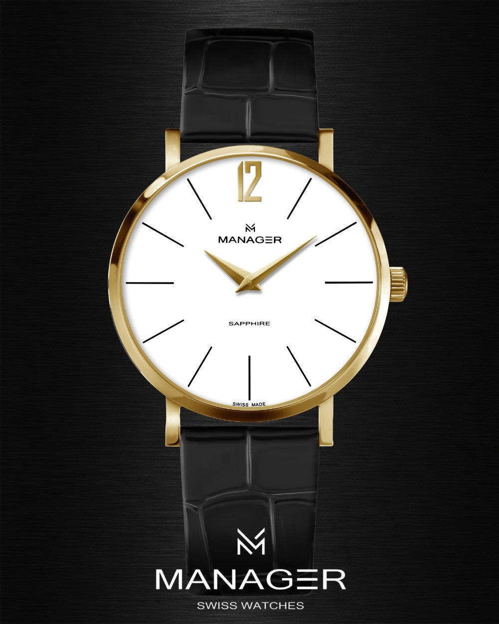 Manager Classic 36 mm - Black, Gold & White - Stainless Steel & Leather