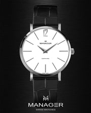 Manager Classic 36 mm - Steel, Black & White - Stainless Steel & Leather