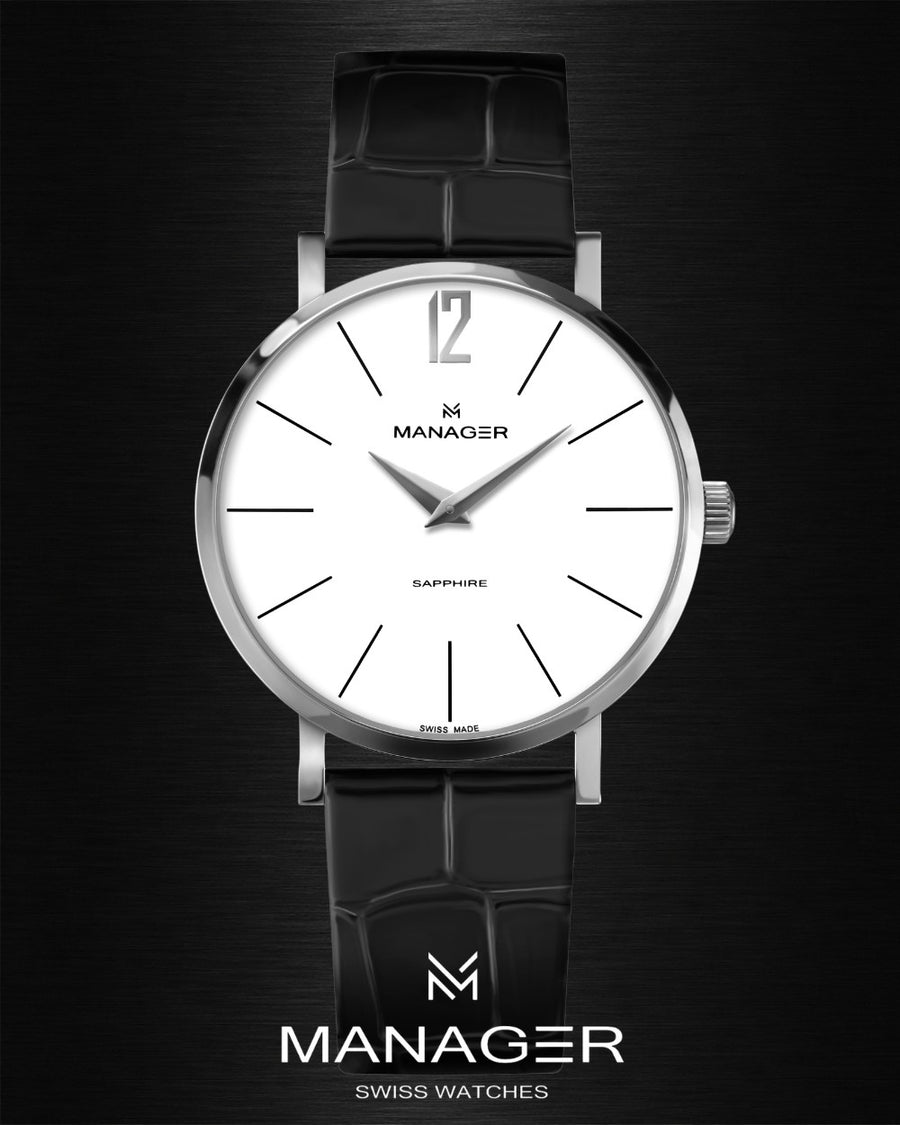 Manager Classic 36 mm - Steel, Black & White - Stainless Steel & Leather