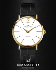 Manager Classic 30 mm - Black, Gold & White - Stainless Steel & Leather