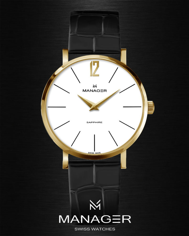Manager Classic 30 mm - Black, Gold & White - Stainless Steel & Leather