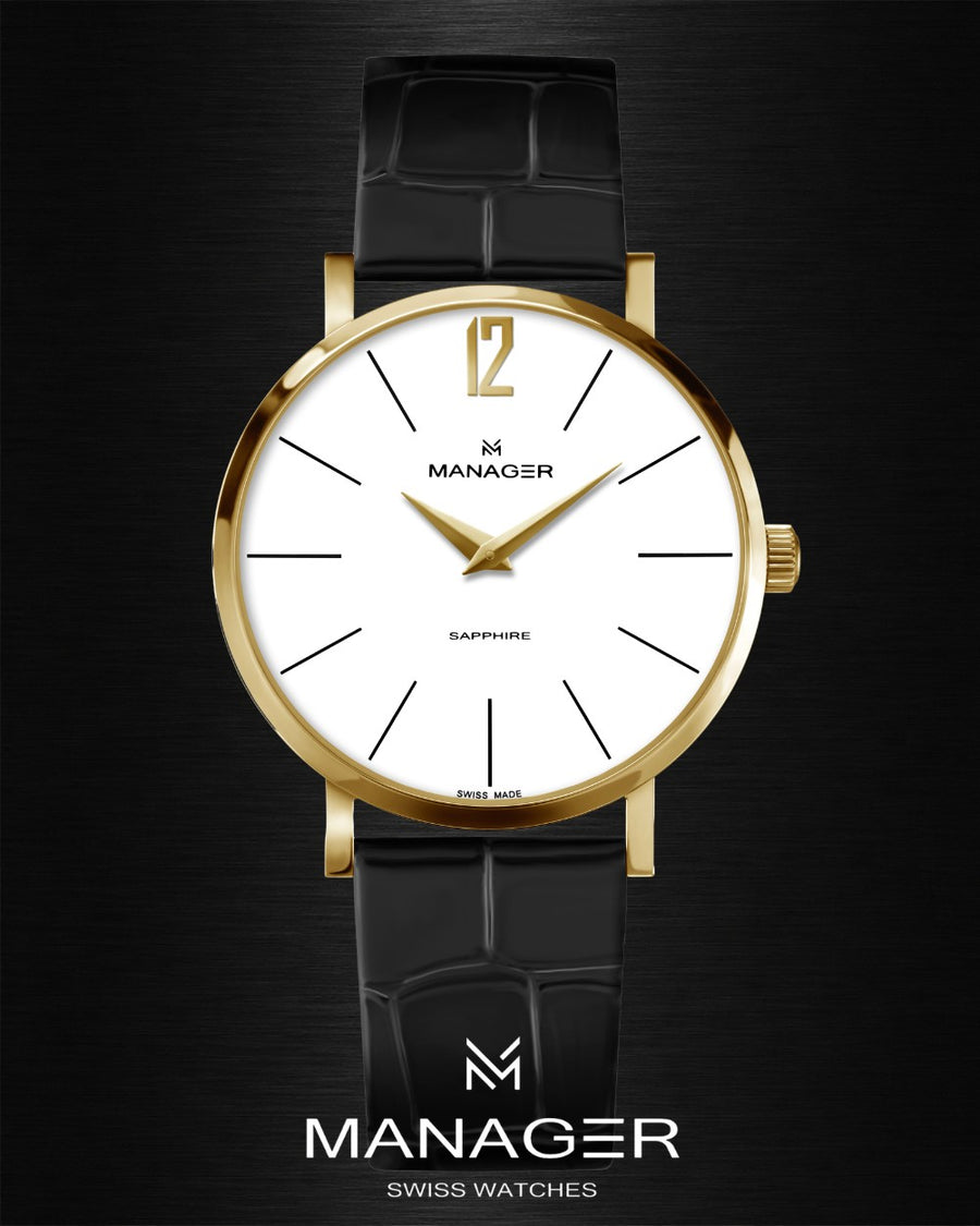 Manager Classic 30 mm - Black, Gold & White - Stainless Steel & Leather