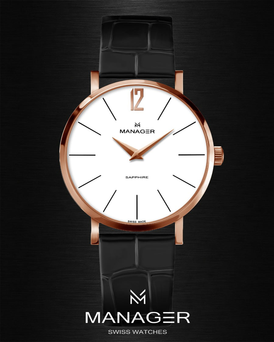 Manager Classic 30 mm - Black, Rose Gold & White - Stainless Steel & Leather