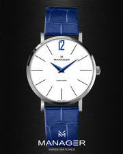 Manager Classic 30 mm - Steel, White & Blue - Stainless Steel & Leather