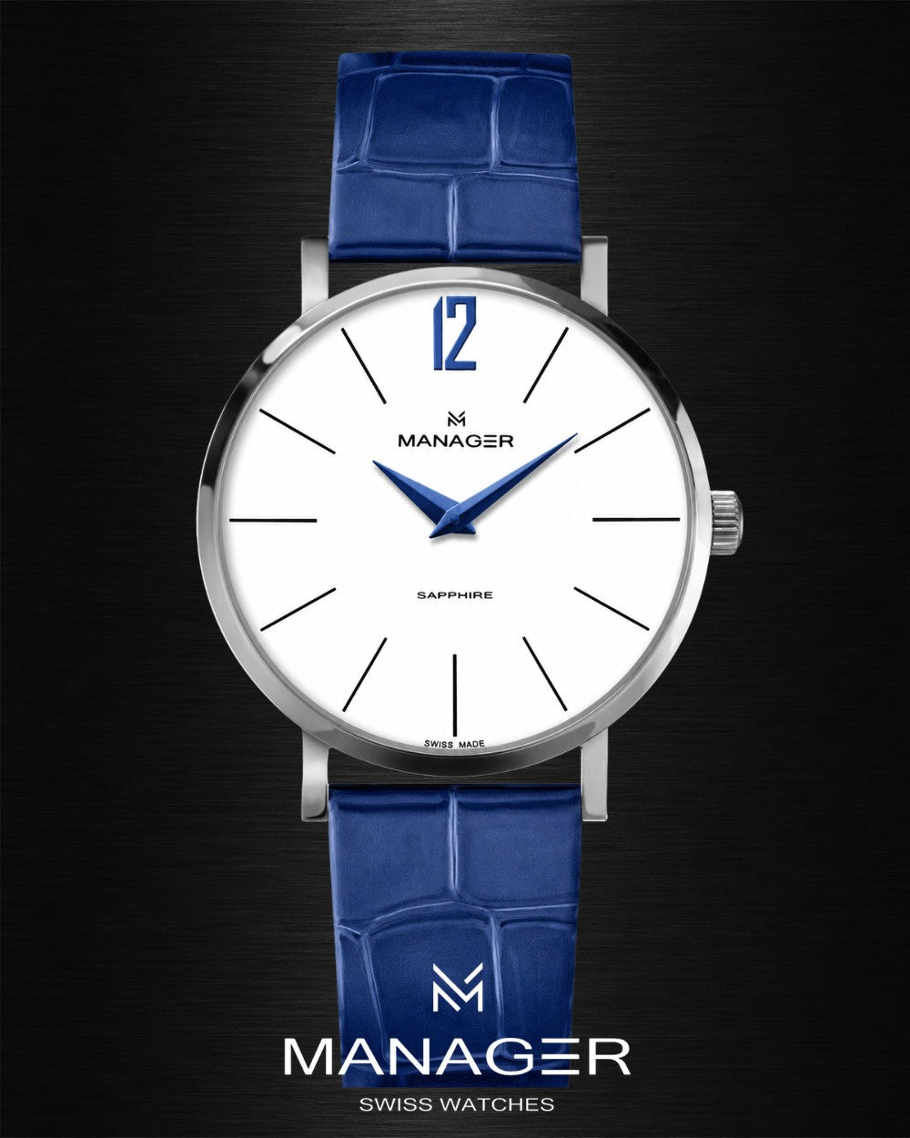 Manager Classic 30 mm - Steel, White & Blue - Stainless Steel & Leather