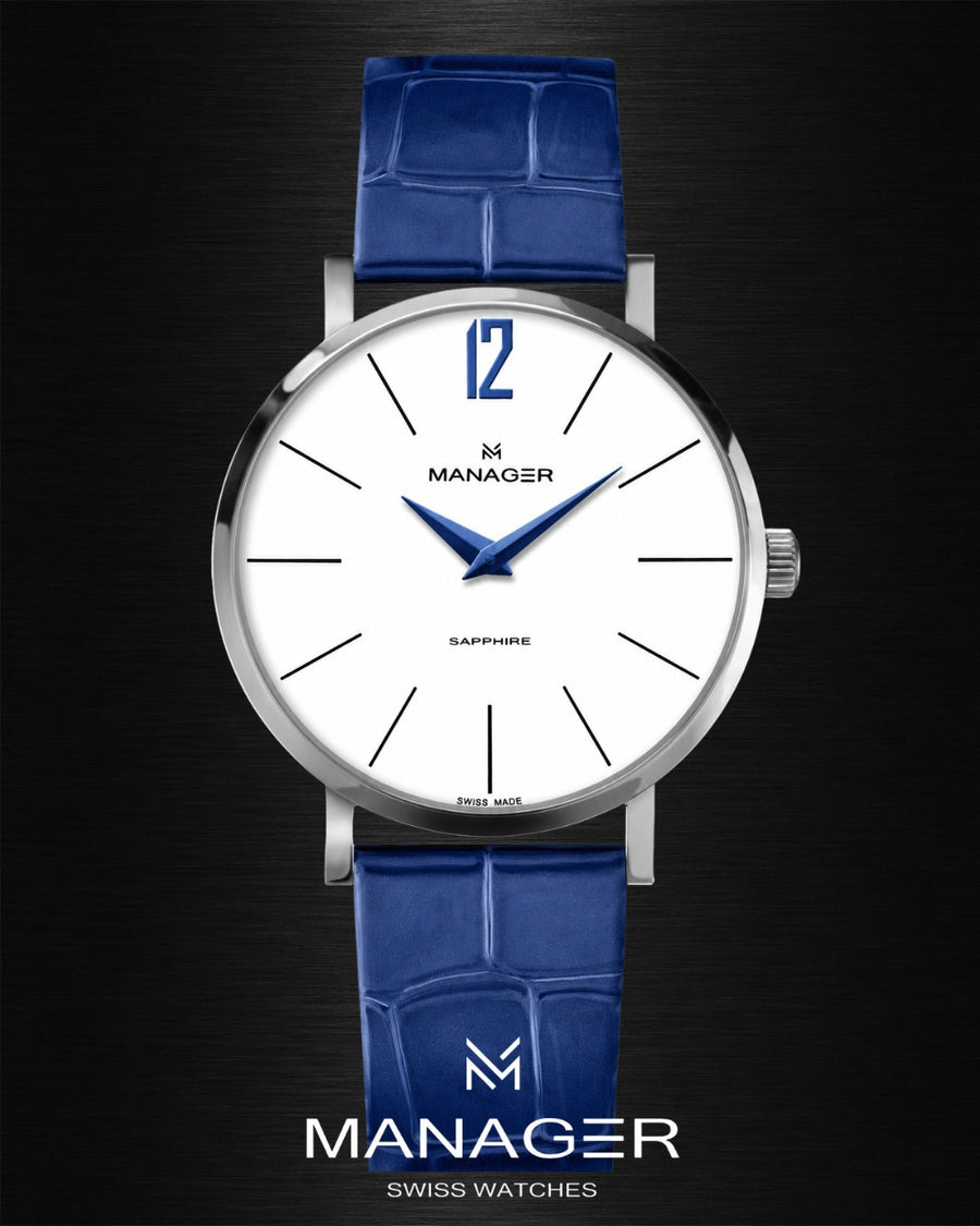 Manager Classic 30 mm - Steel, White & Blue - Stainless Steel & Leather