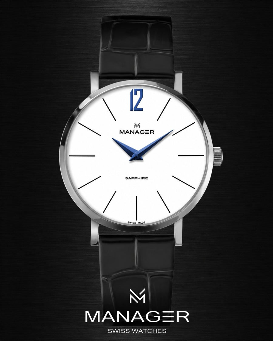 Manager Classic 30 mm - Steel, Black, White & Blue - Stainless Steel & Leather