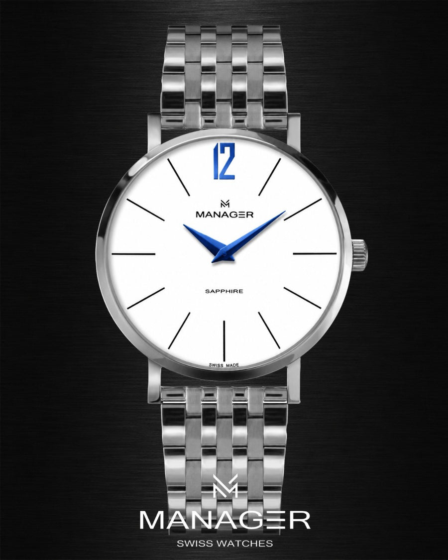Manager Classic 30 mm - Steel, White & Blue - Stainless Steel 316L