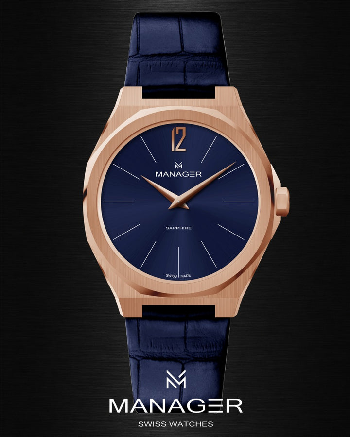 Manager Urban - 42 42 mm - Rose Gold & Dark Blue - Stainless Steel & Leather
