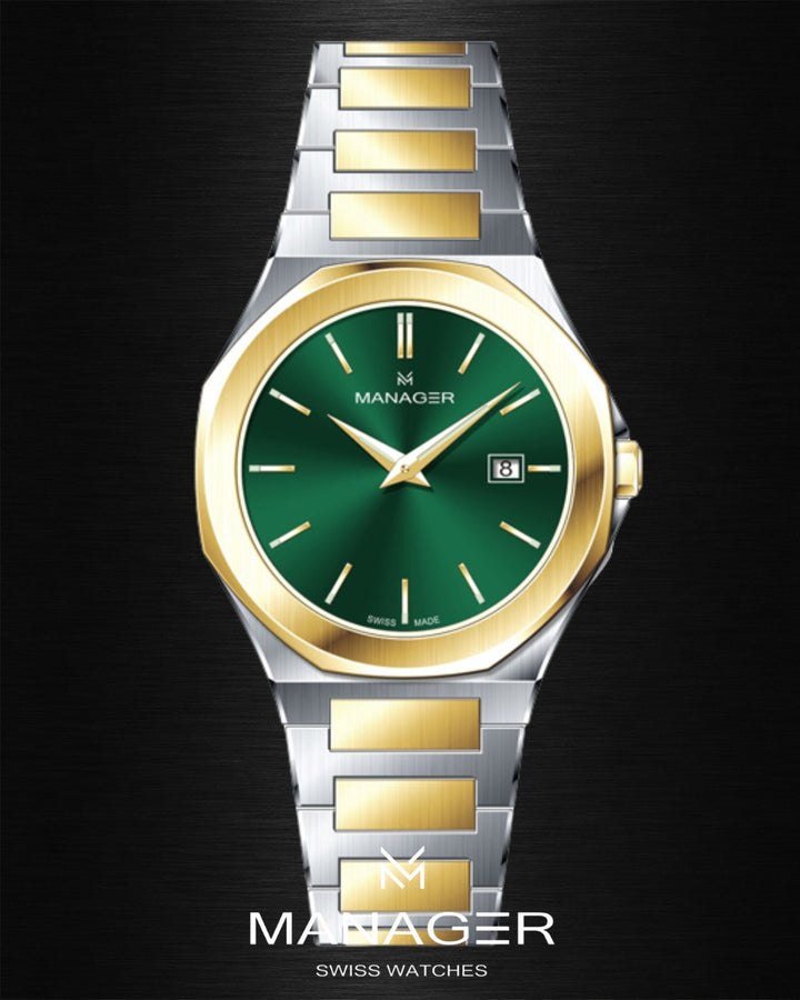Manager Urban - Date 42 42 mm - Steel, Gold & Dark Green