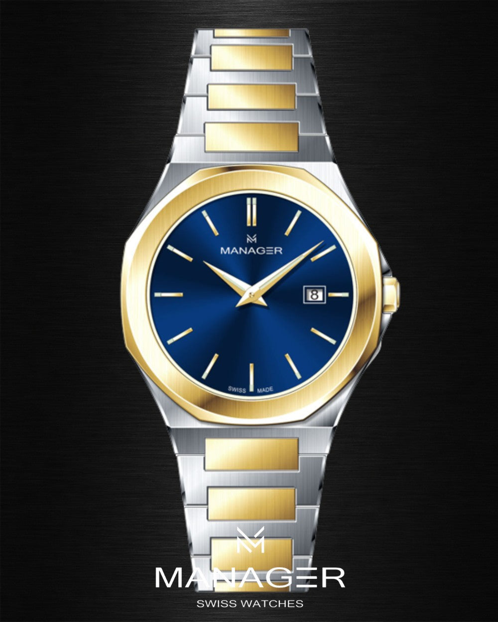 Manager Urban - Date 42 42 mm - Steel, Gold & Dark Blue