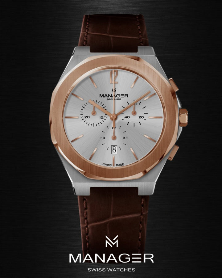 Manager Urban - 43 43 mm - Steel, Rose Gold, Grey & Brown - Steel & Leather