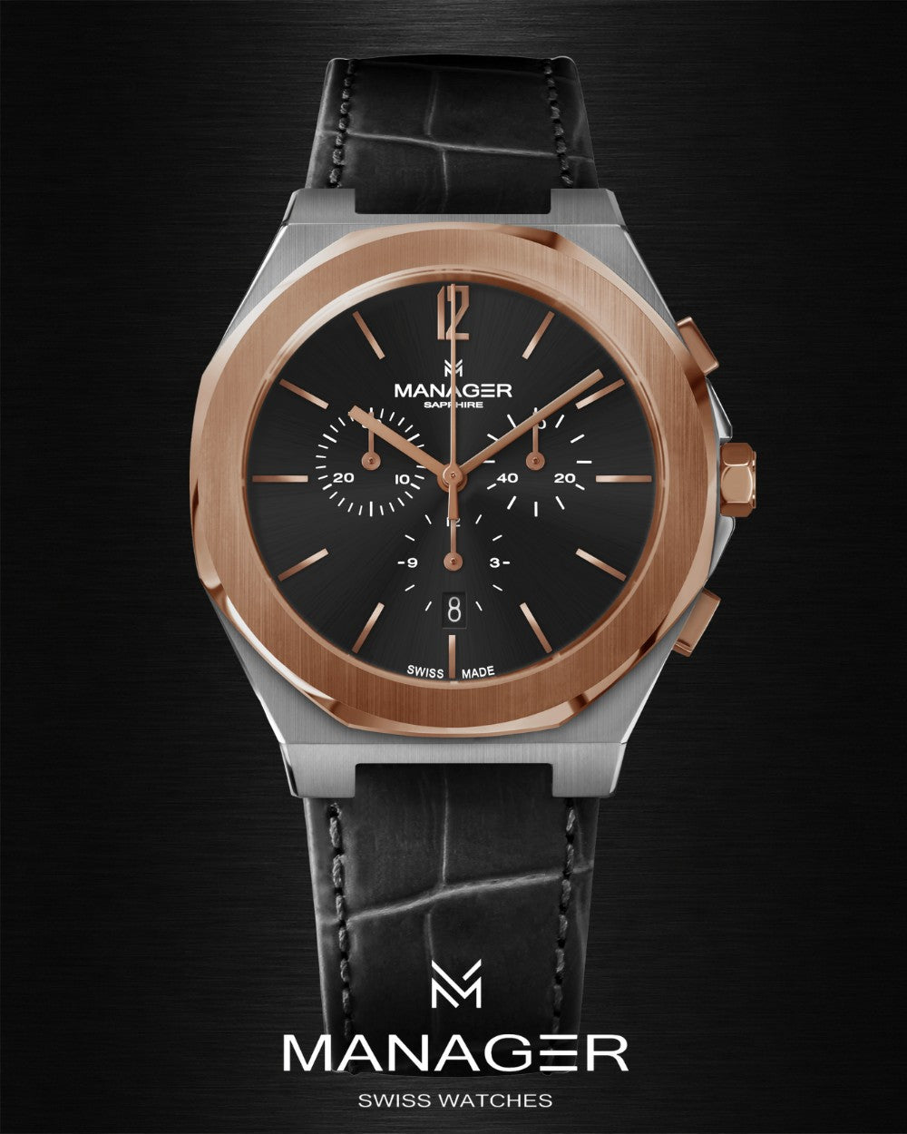 Manager Urban - 43 43 mm - Steel, Rose Gold & Black - Steel & Leather